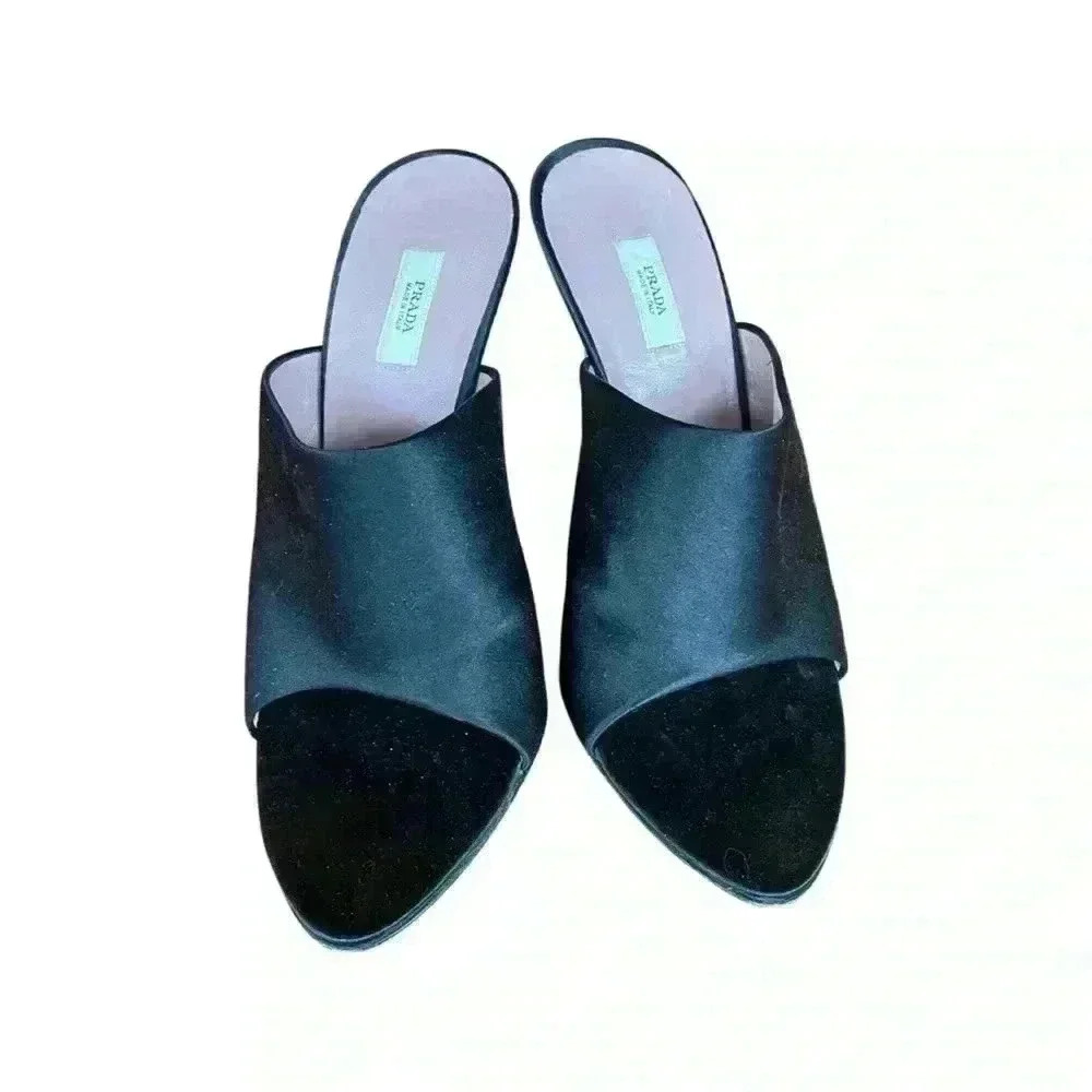 Black Prada Pointy Open Toe Satin Mule With Clear… - image 1